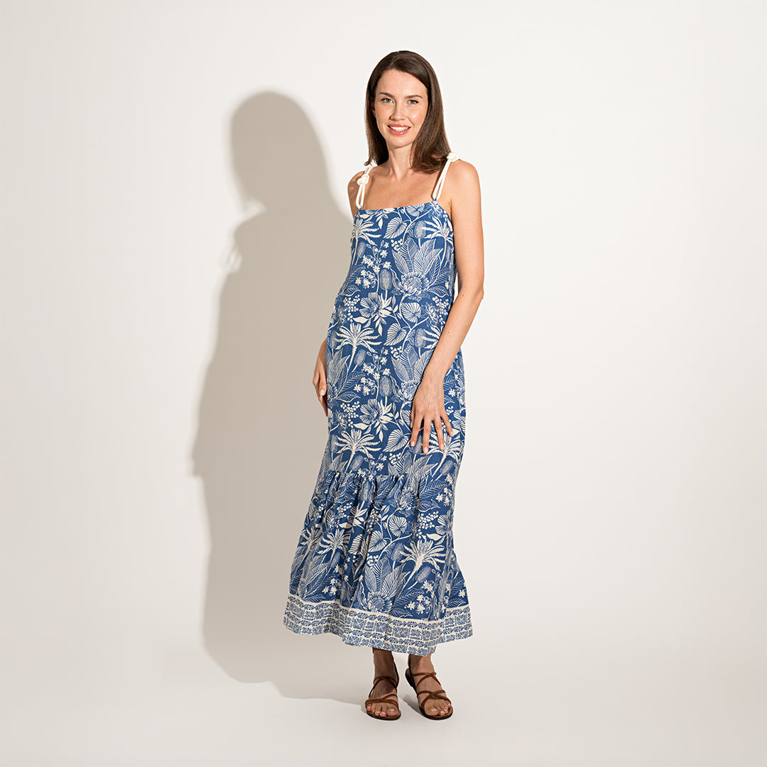 Blue X Off White Printed Maxi Dress with Knot Straps