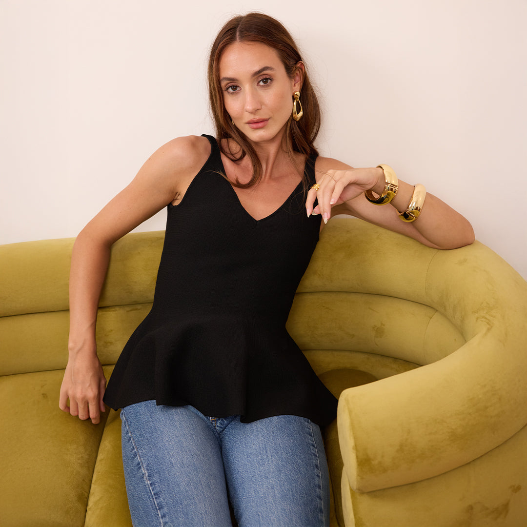 Black V-Neck Peplum Knit Top