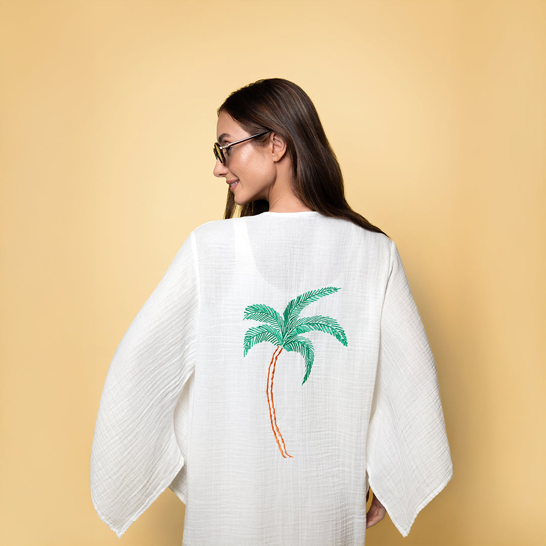 Off White Kimono with Palm Tree Embroidery