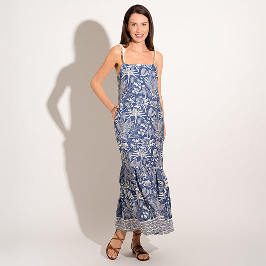 Blue X Off White Printed Maxi Dress with Knot Straps