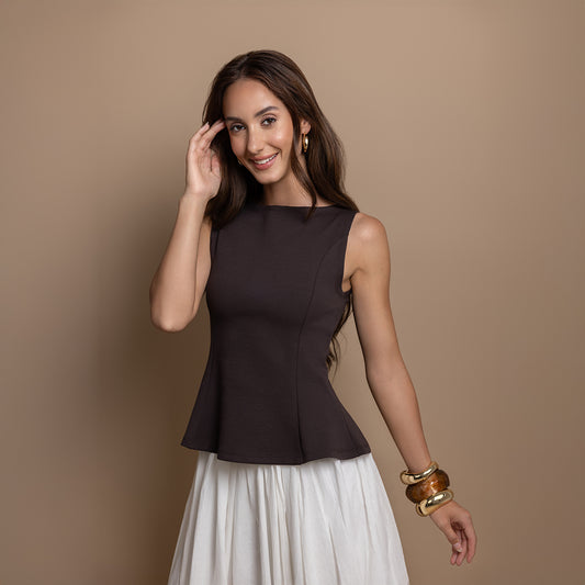 Chocolate Brown Sleeveless Peplum Top