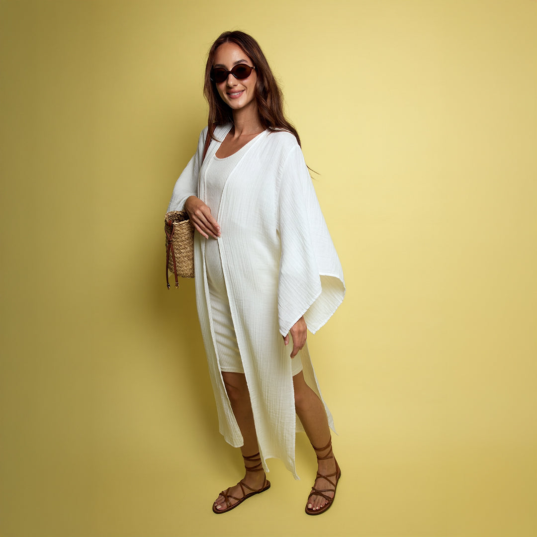 Off White Kimono with Palm Tree Embroidery